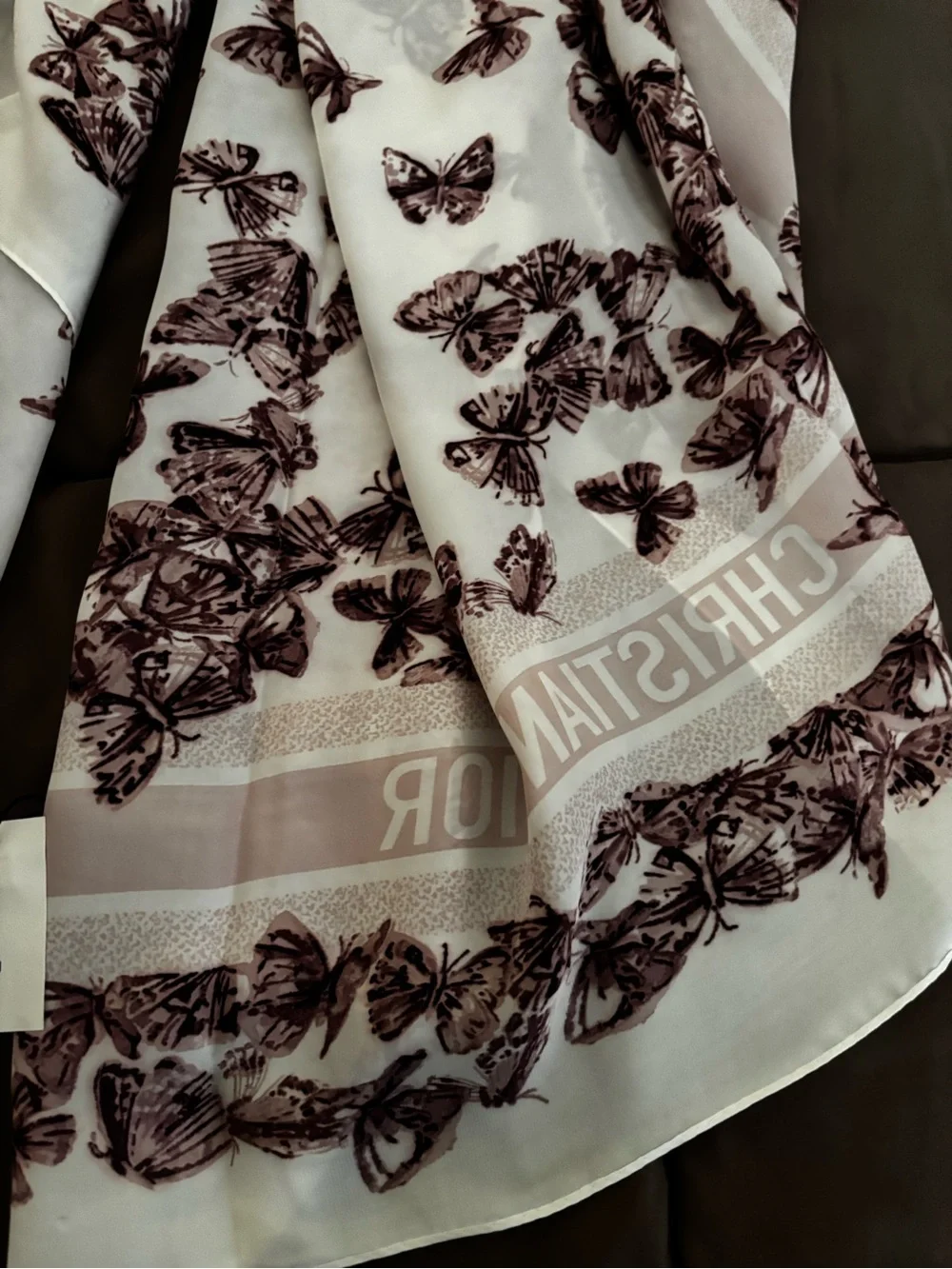 100% Silk Cream Wrap Scarf with Mauve Butterfly Print - Picture 5 of 9